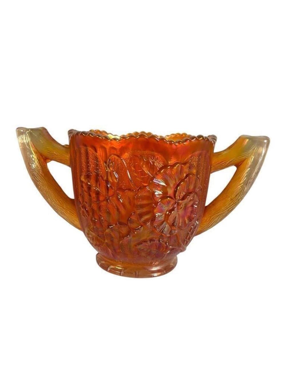 Vintage Marigold Imperial Double Handle Carnival Glass Sugar Bowl W/ Pansies